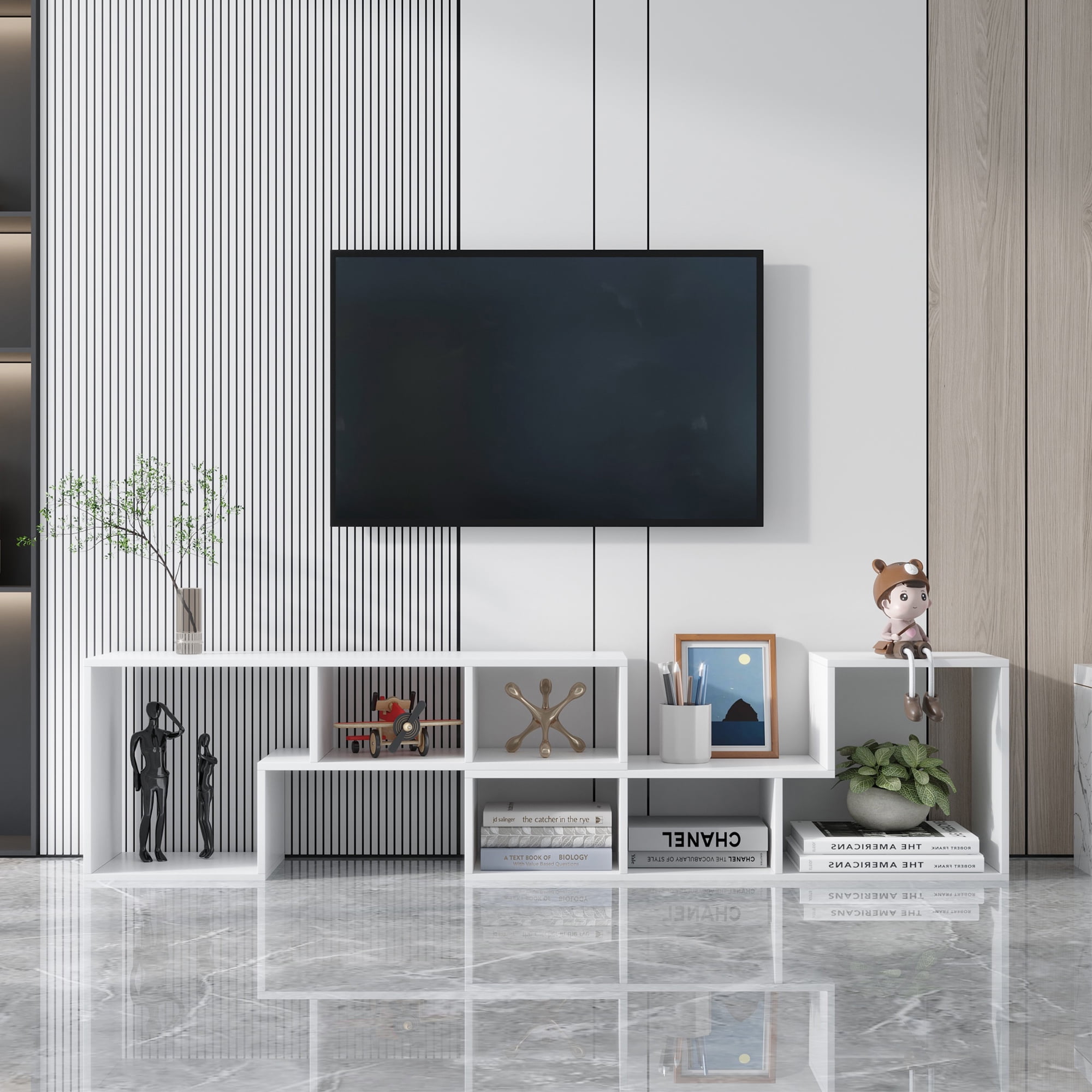 Hommoo Wooden Double L Shaped TV Stand Modern TV Display Shelf