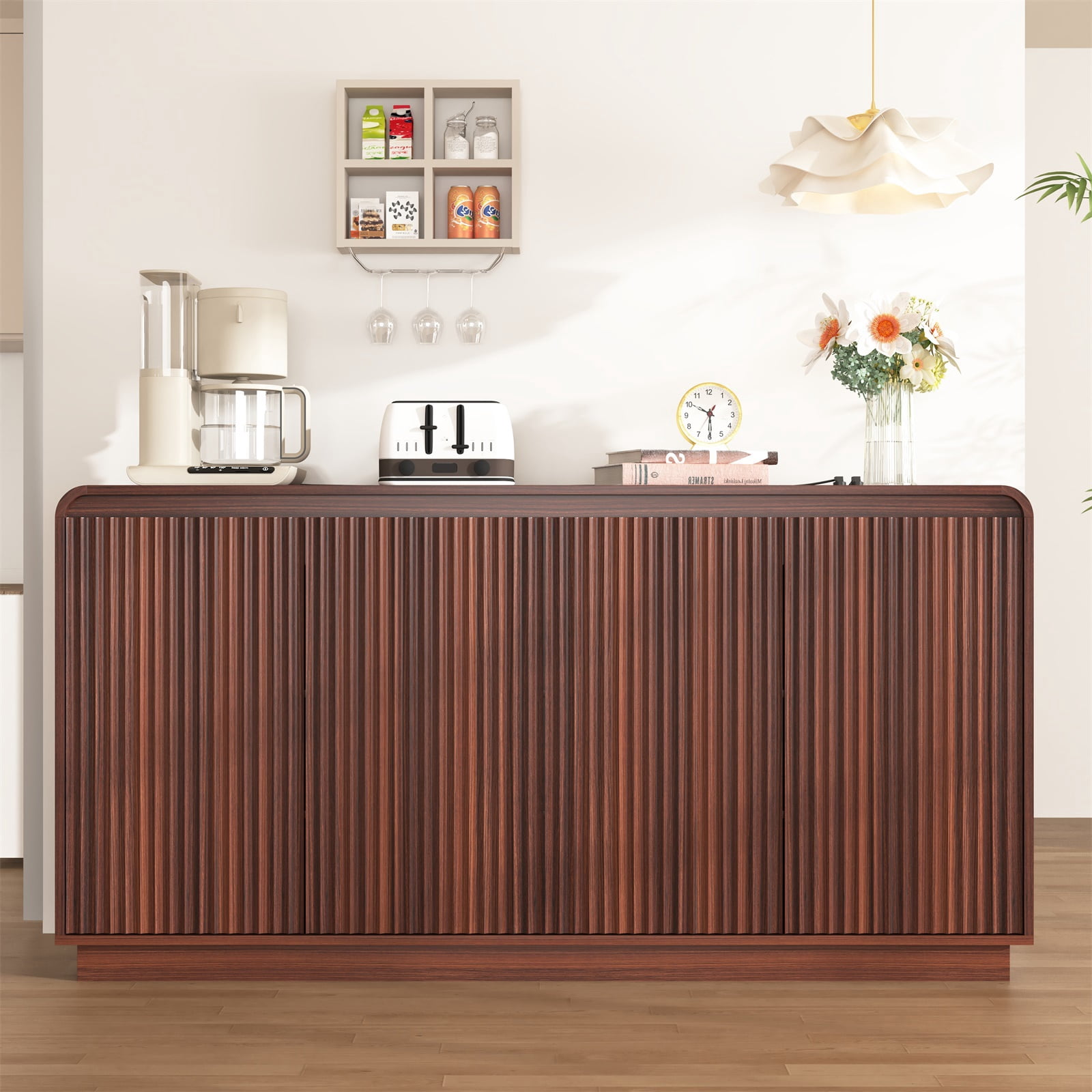 Hommoo Wooden Fluted Sideboard Buffet Cabinet with 4 Doors, Adjustable Shelves & Power Outlet, Multifunctional 3-Tier Storage Cabinet Credenza for Home, Office, Walnut