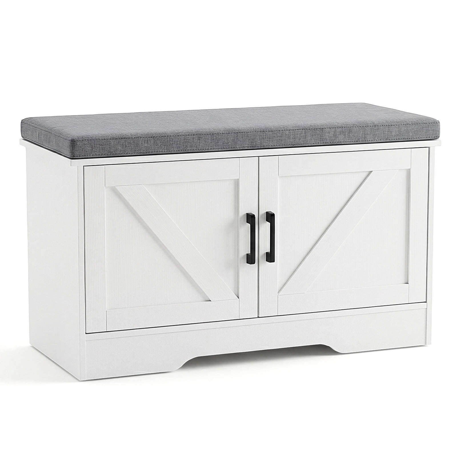 Hommoo Wooden Shoe Storage Cabinet with Cushioned Seat, 28-inch Modern Entryway Organizer for Living Room, Hallway & Bedroom, White & Gray