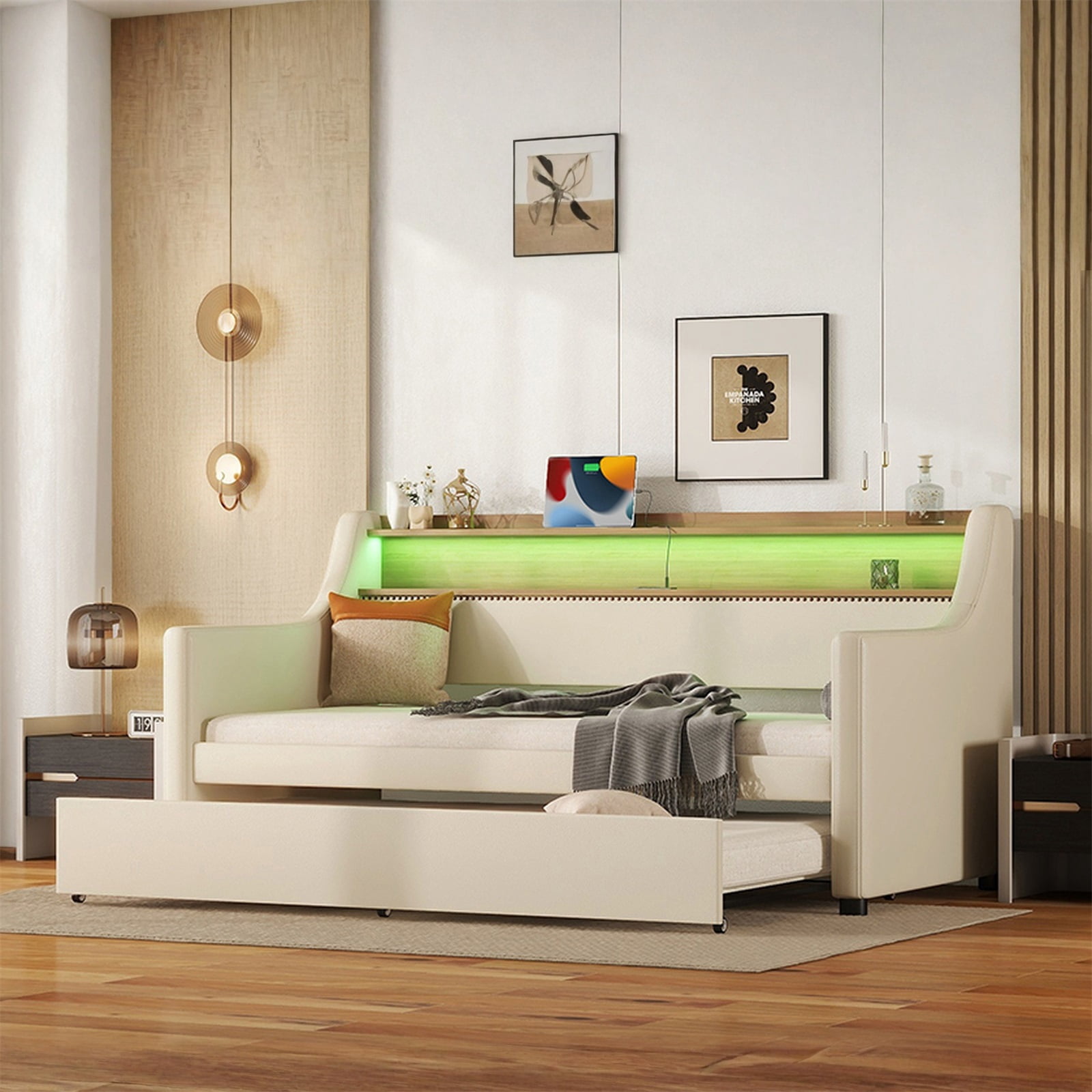 Hommoo Wooden Twin Size Daybed with Trundle, Modern Upholstered Linen Fabric Daybed with Charging Station and LED Lights, Beige