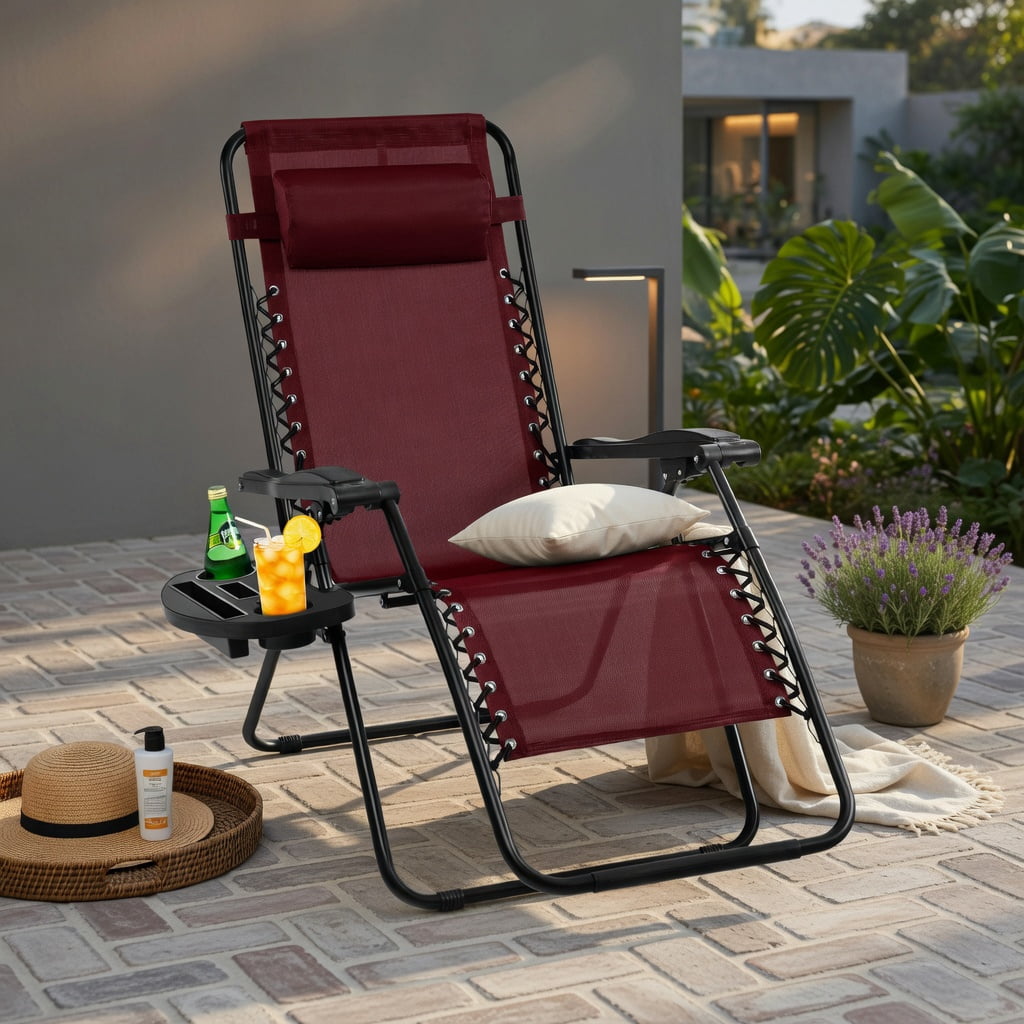 Hommoo Zero Gravity Folding Lounge Chair for Outdoor & Indoor Use, Heavy-Duty Steel Frame, Compact Foldable Design with Cup Holder & Adjustable Recline, Dark Red