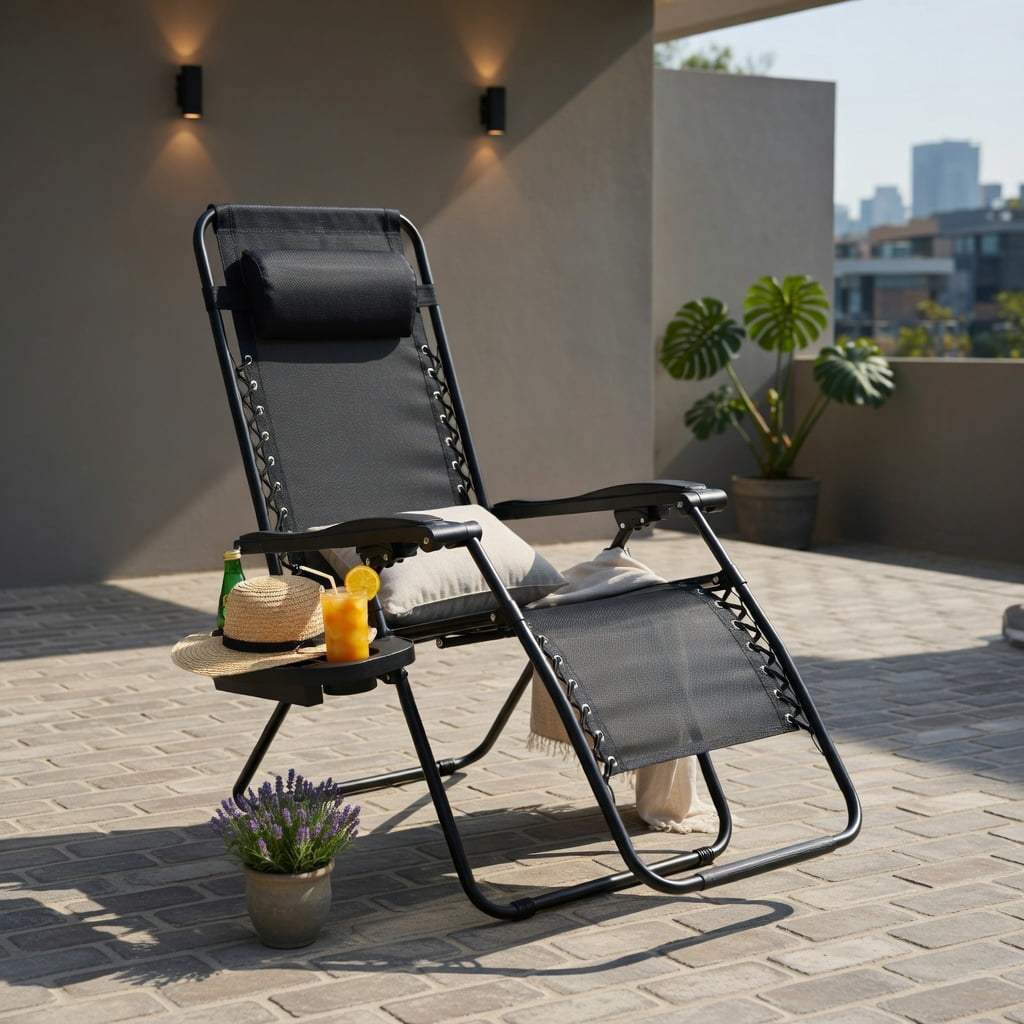 Hommoo Zero Gravity Folding Lounge Chair for Outdoor & Indoor Use – Adjustable Recliner with Removable Tray, Cup Holder & Headrest, Black