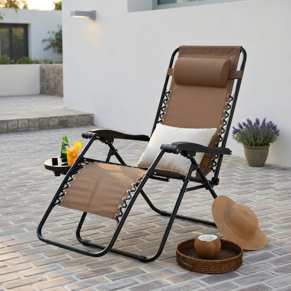 Hommoo Zero Gravity Folding Lounge Chair with Removable Tray, Outdoor Recliner for Back Relief, Beach & Patio, Beige