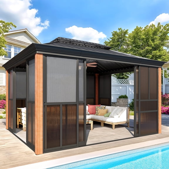 Hommow 10'*12' Sunroom, with Front Door, Side Entrance, Galvanized Steel Double Top, Wood Grain Appearance, Aluminum Alloy Frame, Solarium Backyard Sun Room