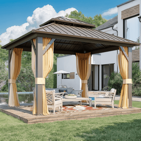 Hommow 10' X 12' Hardtop Gazebo Aluminum Frame Gazebo with Galvanized Steel Double Roof
