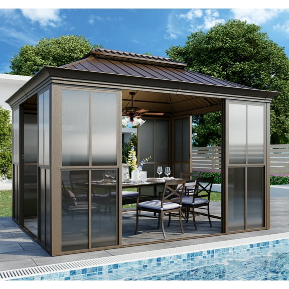 Hommow 10' X 12' Sunroom, Hardtop Gazebo Solarium with Detachable Windows & Light Galvanized Steel Double Roof