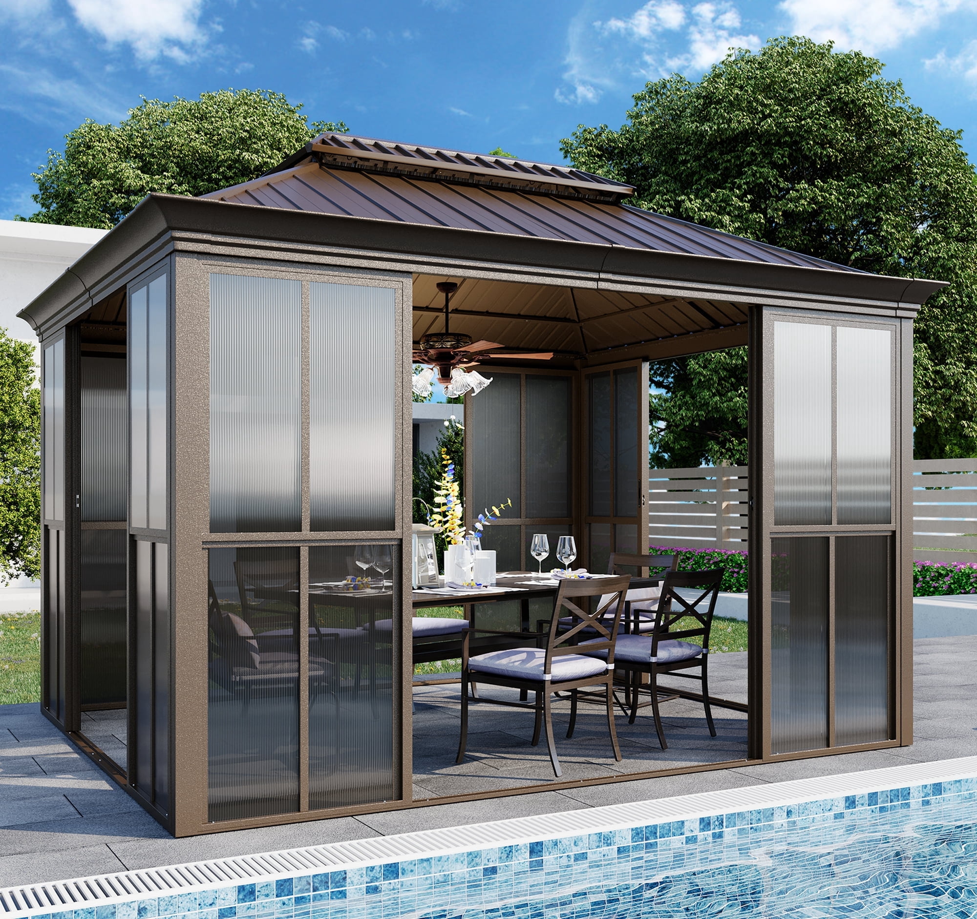 Hommow 10' X 12' Sunroom, Hardtop Gazebo Solarium with Detachable Windows & Light Galvanized Steel Double Roof