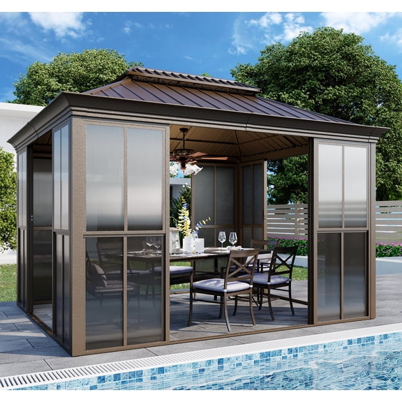 Hommow 10' X 12' Sunroom, Hardtop Gazebo Solarium with Detachable Windows & Light Galvanized Steel Double Roof