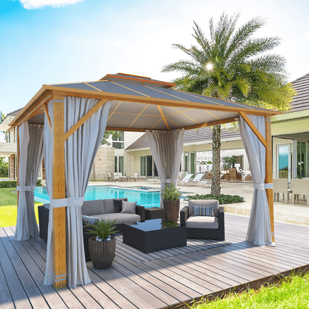 Hommow 10' x 12' Aluminum Frame Outdoor Gazebo, Metal Double Roof Patio Gazebo for Gardens, Lawns, Parties, Claret