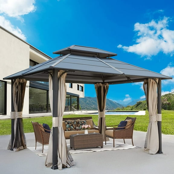 Hommow 10' x 12' Hardtop Gazebo, Removable Curtains with UV Protection