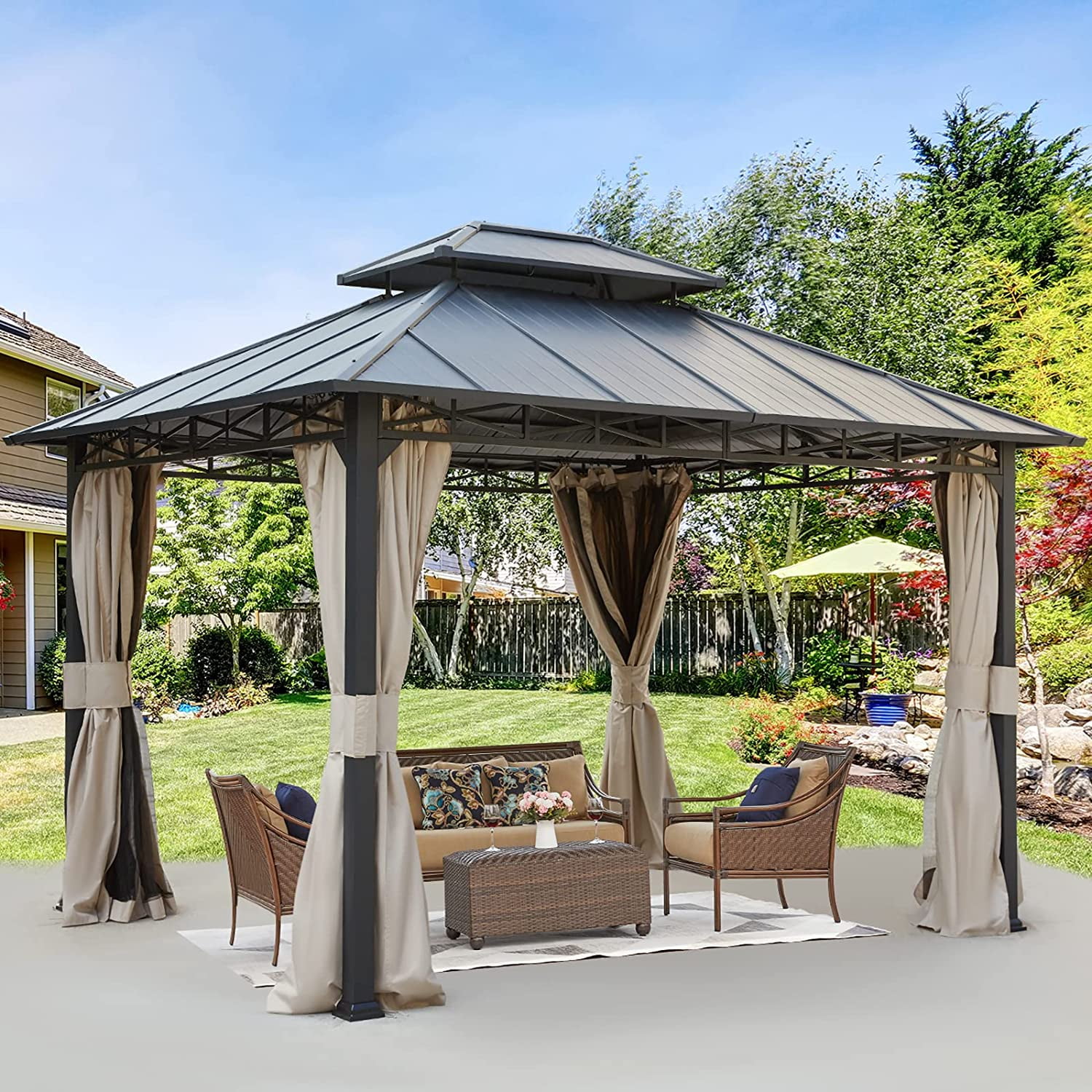 10' x 12' Gray Aluminum Hardtop Patio Gazebo with Curtains