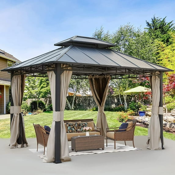 Hommow 10' x 12' Hardtop Patio Gazebo with Double Metal Roof Aluminum Frame for Backyard, Lawn and Garden