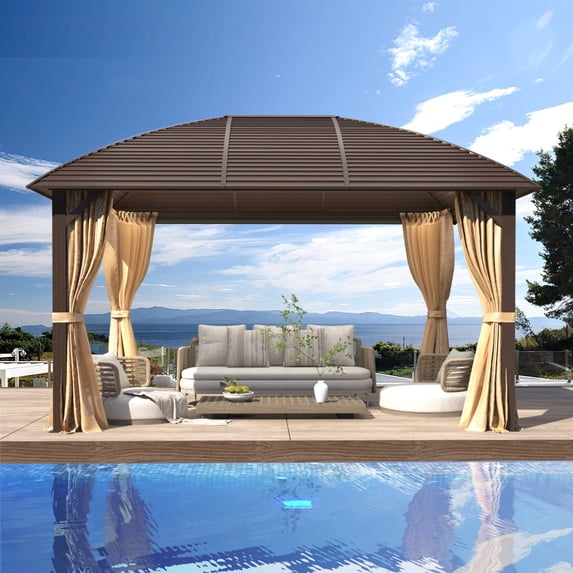 Hommow 10' x 13' Hardtop Gazebo, Galvanized Steel Arc Roof with Aluminum Frame, Brown