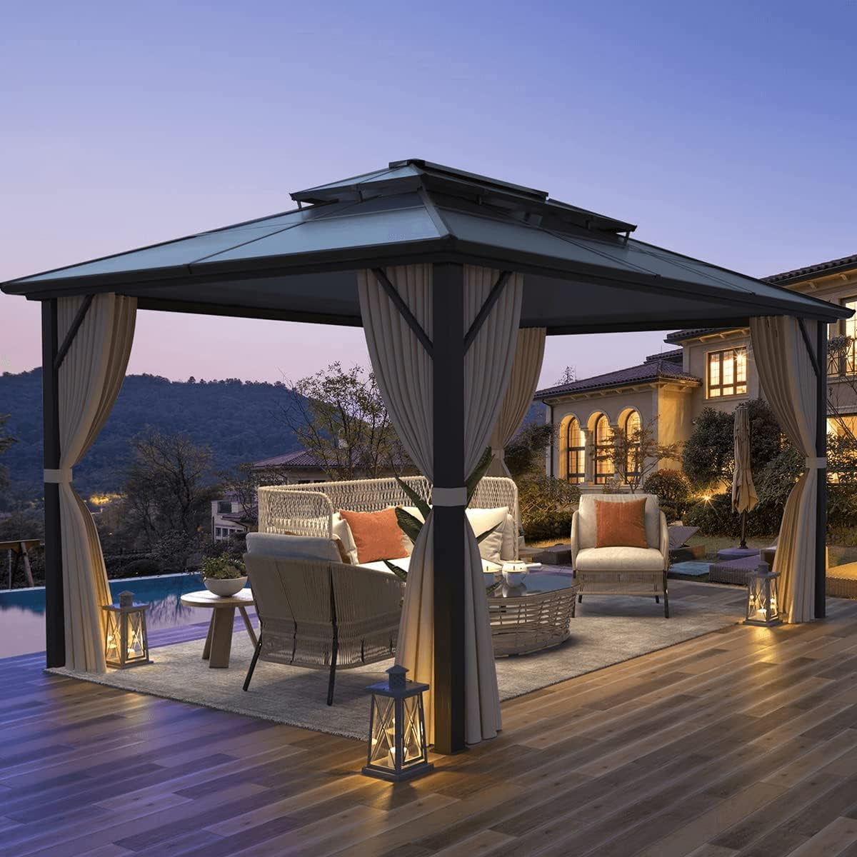 Yoleny 10'x13' Brown Aluminum Hardtop Gazebo with Beige Canopy