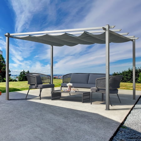 Hommow 10' x 13' Outdoor Retractable Pergola Patio Metal Shelter with Sun Shade Canopy