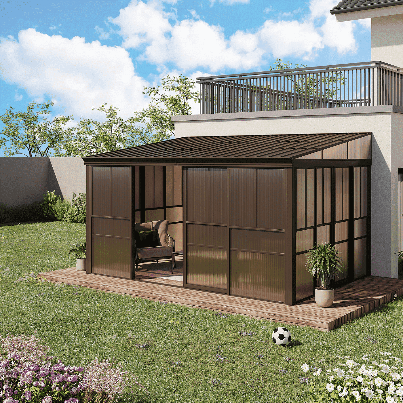 Erinnyees 10' x 14' Solarium Sunroom, All-Season Lean to Gazebo with Thickened PC Screen, Galvanized Steel Roof and Removable Door
