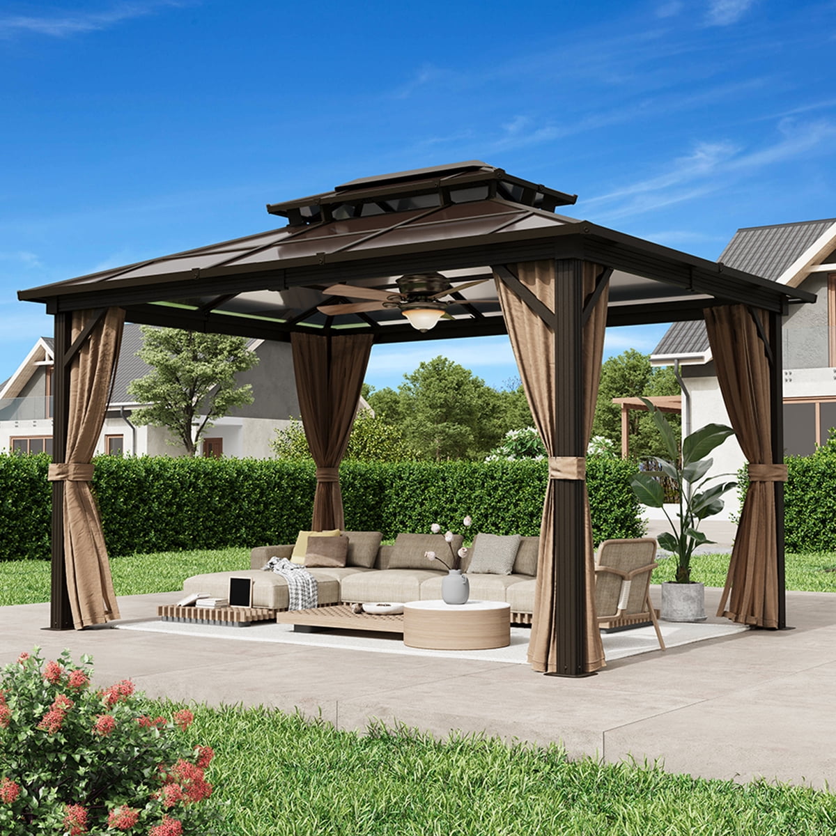 Hommow 10'x13' HardTop Double Roof Gazebo, Outdoor Polycarbonate Patio Gazebo with Aluminum Frame,Curtain
