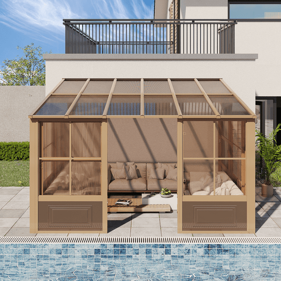 Hommow 10ft x 12ft Wall Mounted Gazebo, All-Season Aluminum Patio Gazebo with Side Door, Outdoor Permanent Sunroom