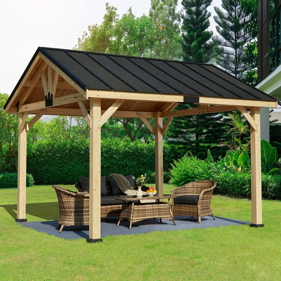 Hommow 11' x 12' Hardtop Gazebo, Solid Wood Gazebo, Waterproof Asphalt Roof, for Patio, Lawn, Garden