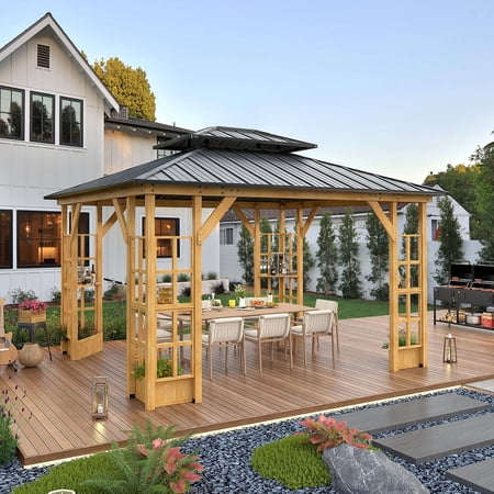 Hommow 11' x 13' Double Roof Wood Gazebo, Outdoor Hardtop Gazebo Pavilion with Spruce Solid Wooden Frame