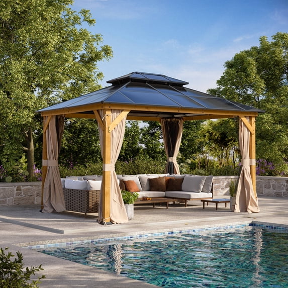 Hommow 11' x 13' Hardtop Gazebo, Wood Gazebo with Black Double Polycarbonate Hardtop Roof, Outdoor Gazebo for Garden