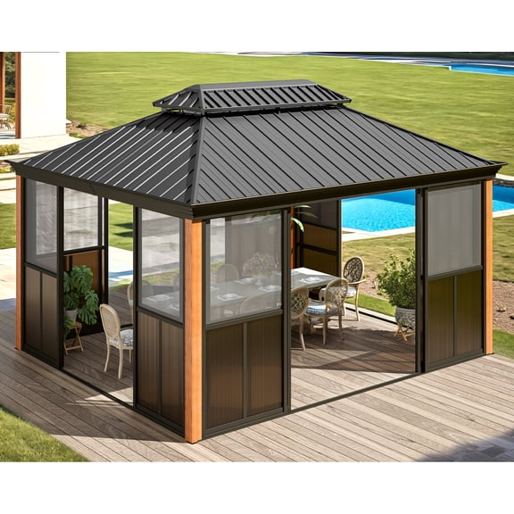 Hommow 12'*14' Sunroom, with Front Door, Side Entrance, Galvanized Steel Double Top, Wood Grain Appearance, Aluminum Alloy Frame, Solarium Backyard Sun Room