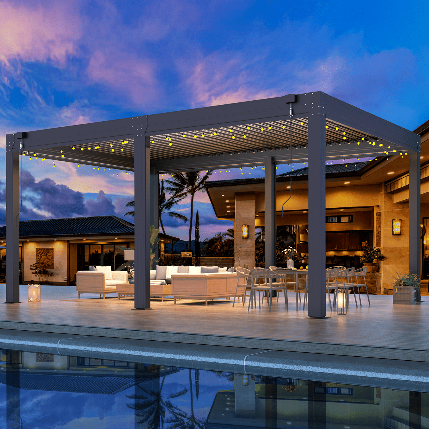 Hommow 12'x 16' Louvered Pergola with PullDown Privacy Screen, Hardtop