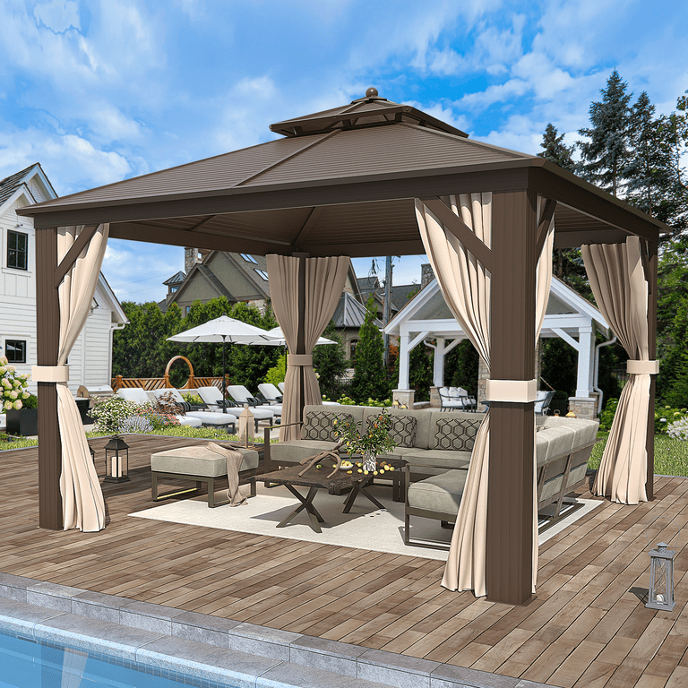 Hommow 12 x 12 Hardtop Gazebo Galvanized Steel Outdoor Canopy Aluminum Frame Brown