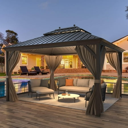 Hommow 12'x14' Hardtop Gazebo, Permanent Galvanized Steel Metal Double Roof Aluminum Pavilion