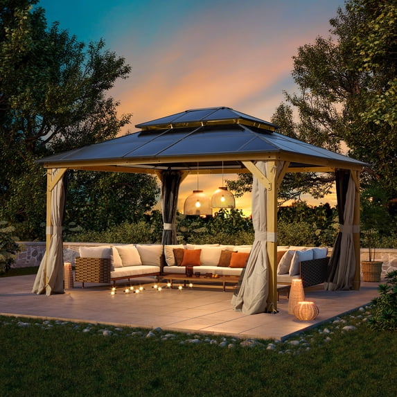 Hommow 12' x 14' Hardtop Gazebo, Wood Gazebo with Black Double Polycarbonate Hardtop Roof, Outdoor Gazebo for Garden