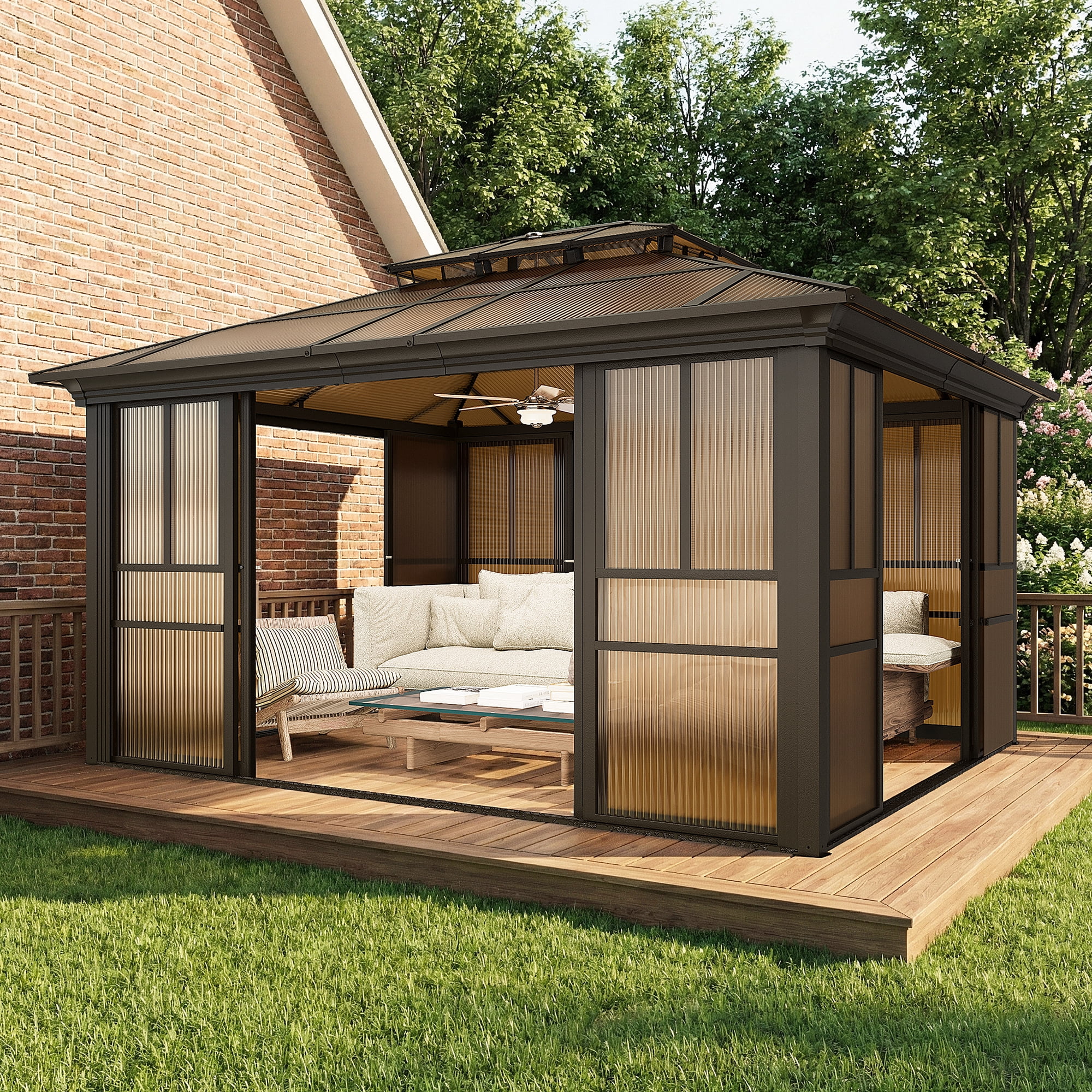 Hommow 12' x 14' Solarium Sunroom, Outdoor Hardtop Polycarbonate Roof Sun Room, Aluminum Frame Tiny House with Lockable Sliding Doors