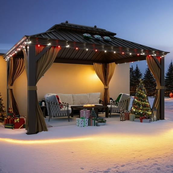 Hommow 12' x 16' Hardtop Gazebo Galvanized Steel Outdoor Double Roof Patio Gazebo with Aluminum Frame