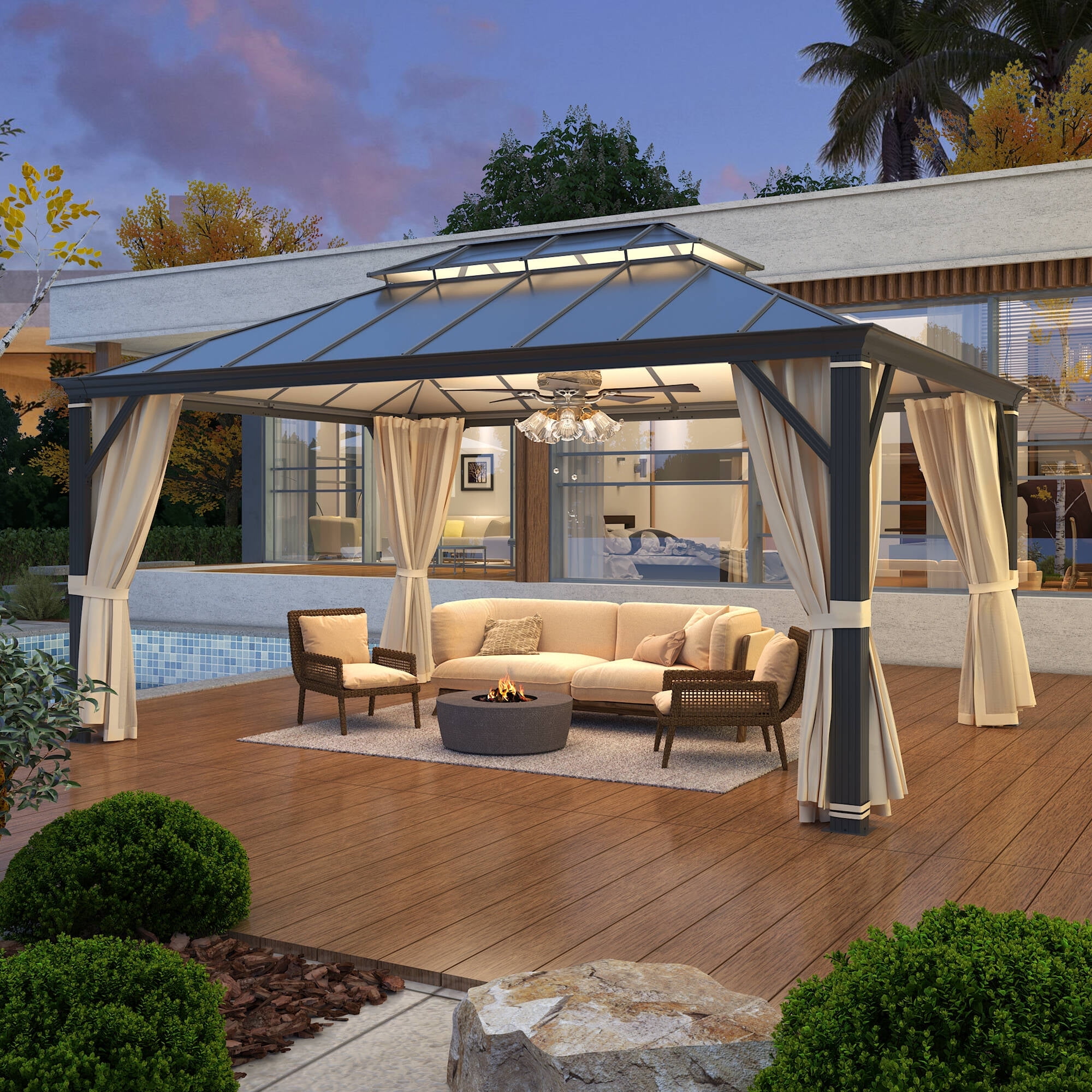 Hommow 12' x 16' Hardtop Gazebo Patio Furniture, Aluminum Frame Double Roof, Privacy Curtains and Premium Net