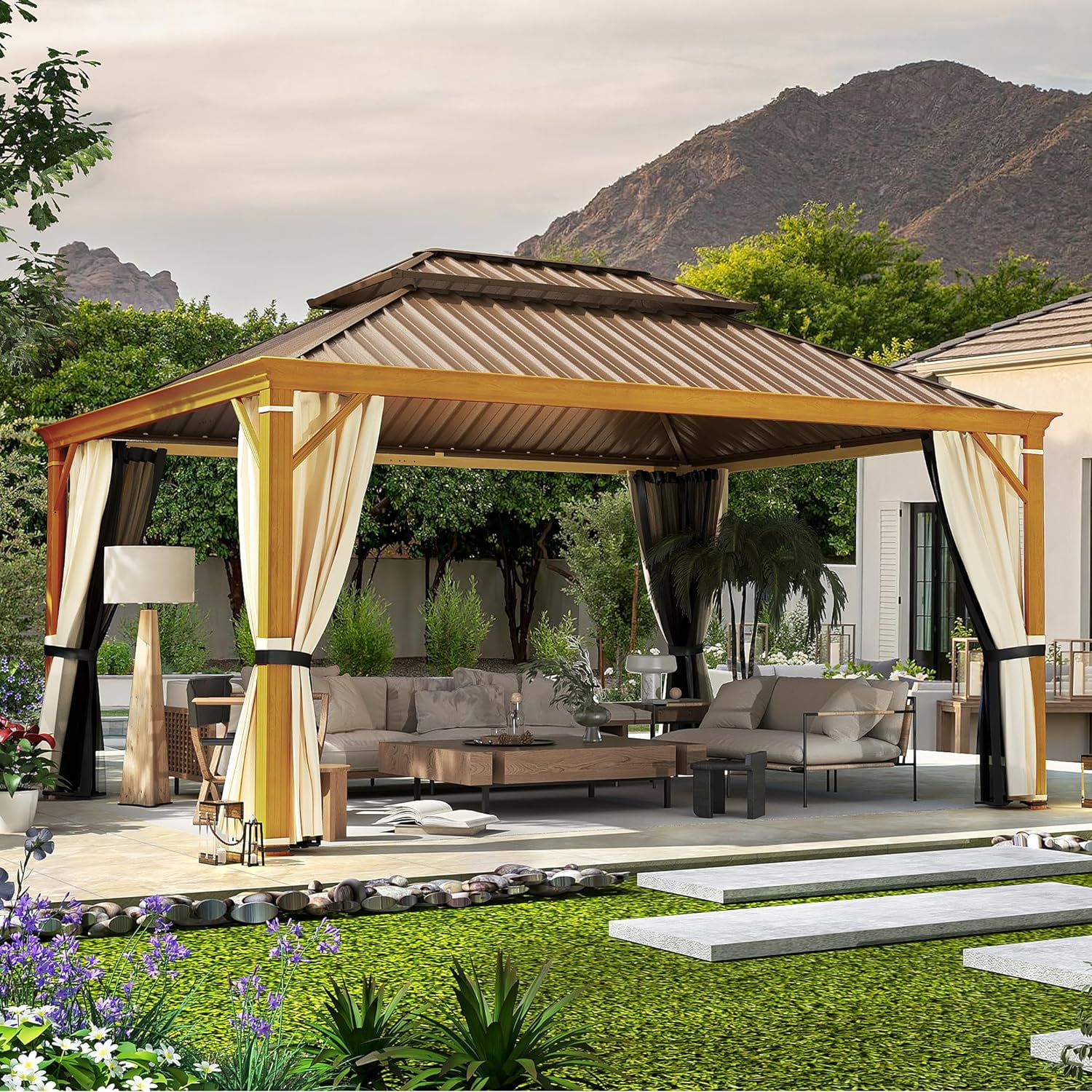 12' x 16' Beige and Black Aluminum Hardtop Gazebo