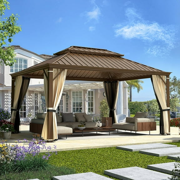 Hommow 12' x 16' Hardtop Gazebo with Steel Double Roof, Anti-Rust Coating Aluminum Frame Permanent Outdoor Waterproof Pavilion