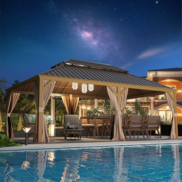 Hommow 12'x22' Hardtop Gazebo, Wooden Finish Coated Aluminum Frame Gazebo with Double Roof