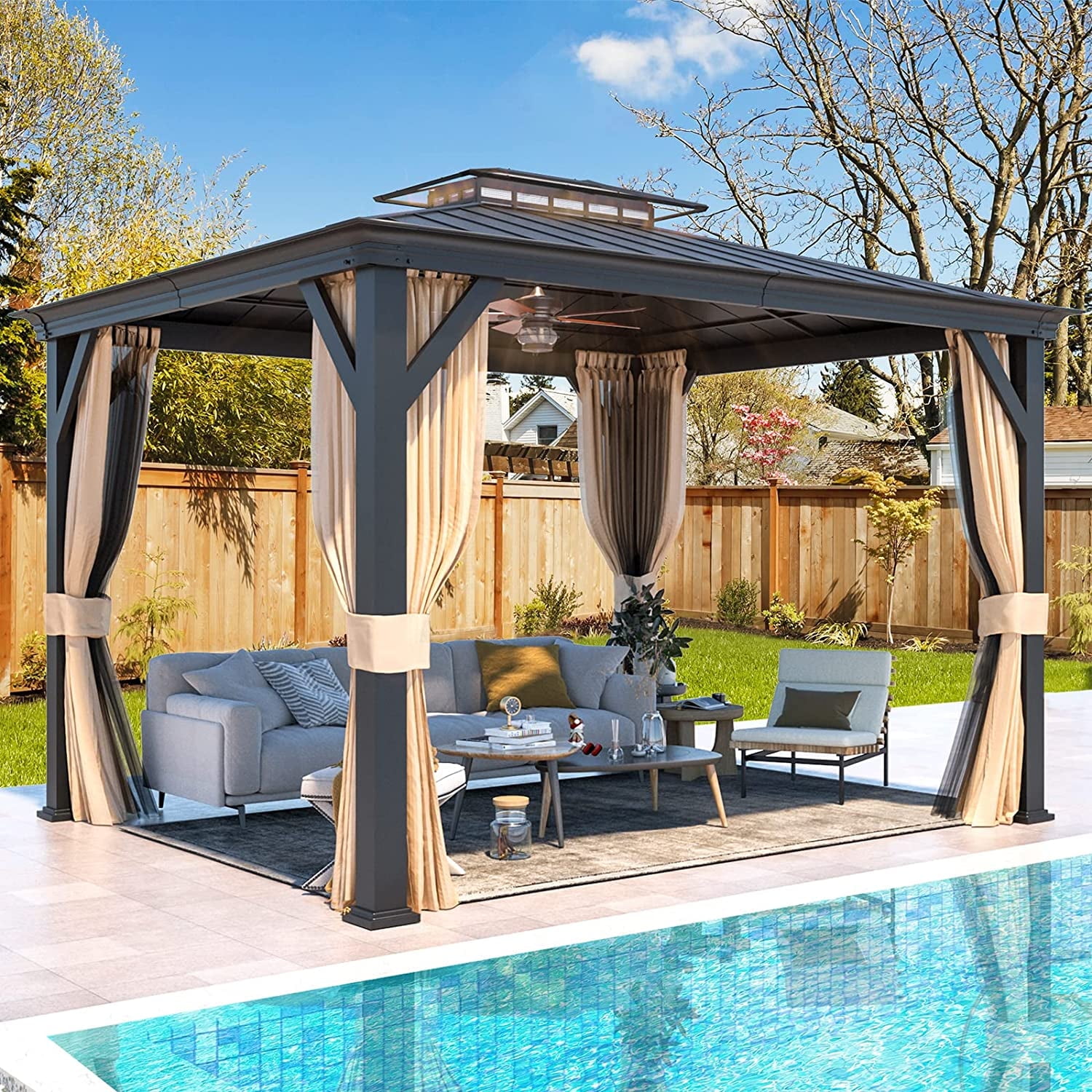 Erommy 12'x10' Beige and Gray Aluminum Hardtop Gazebo with Curtains