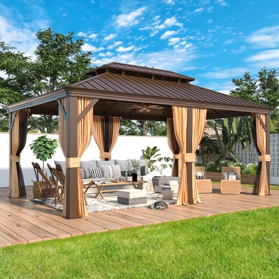 Hommow 12'x18' Hardtop Gazebo, Galvanized Steel Metal Double Roof Aluminum Gazebo with Curtain and Netting