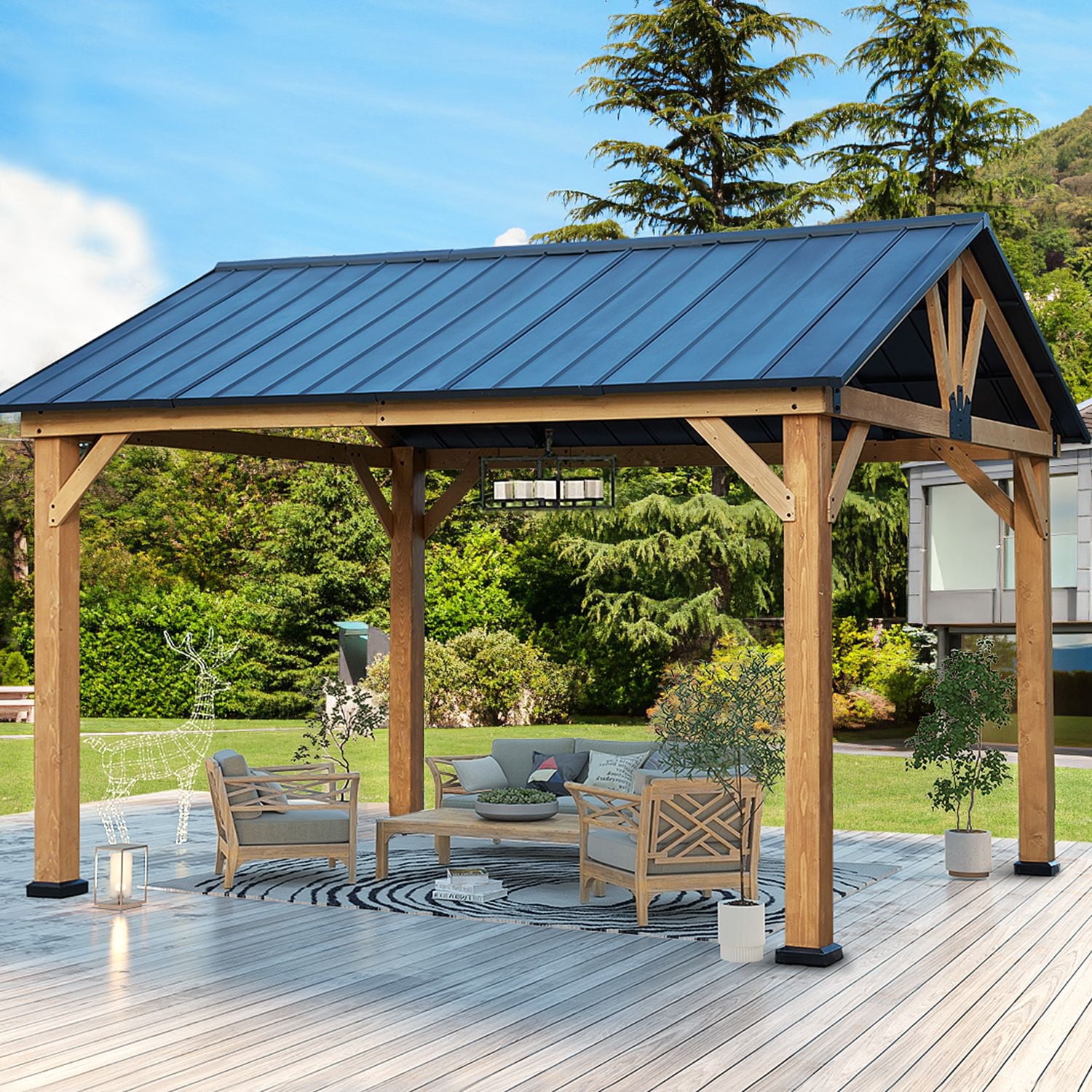 13' x 11' Black Steel and Wood Patio Gazebo