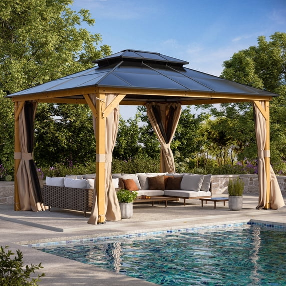 Hommow 13' x 15' Hardtop Gazebo, Wood Gazebo with Black Double Polycarbonate Hardtop Roof, Outdoor Gazebo for Garden