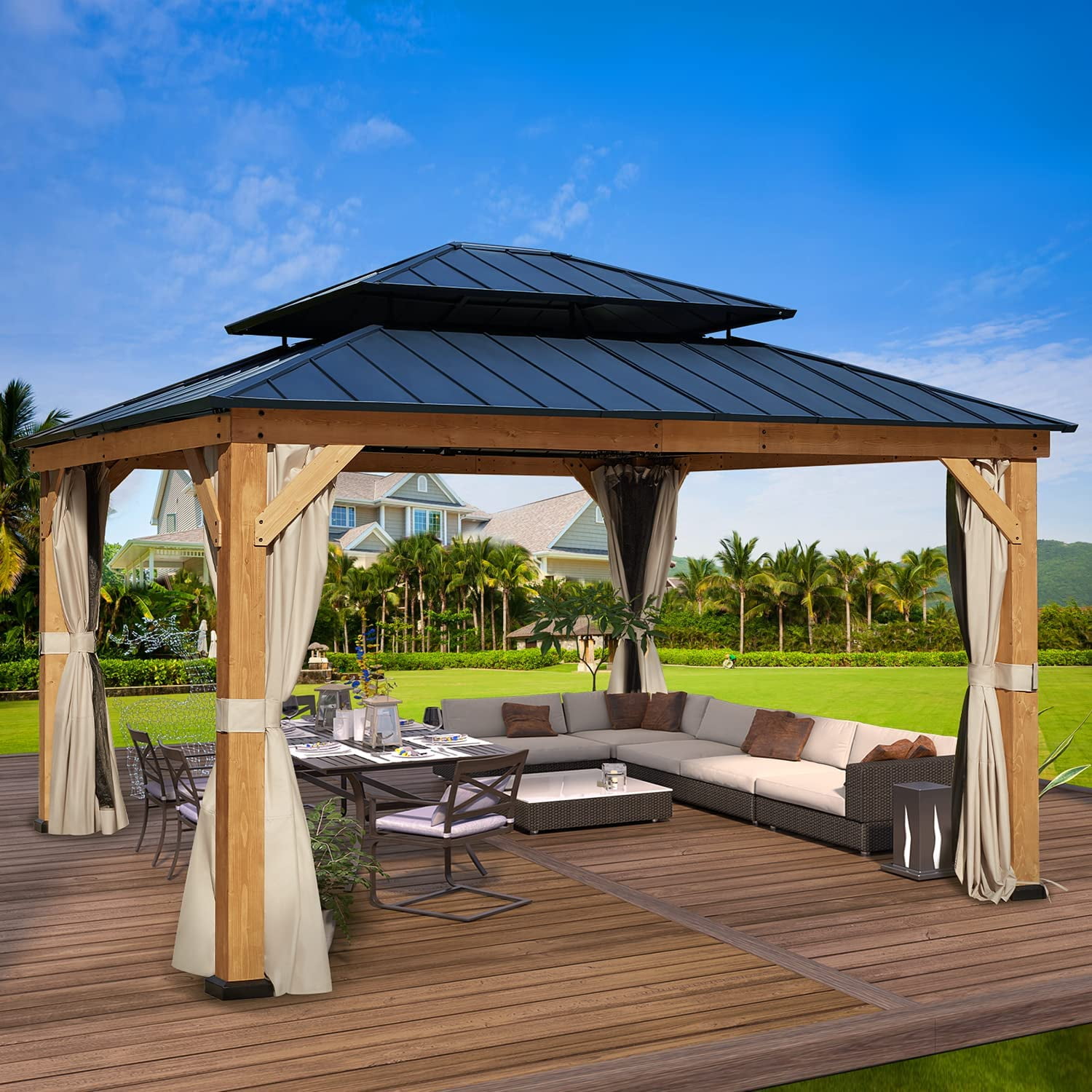 Richryce 13' x 15' Cedar Wood Gazebo with Metal Roof and Curtains