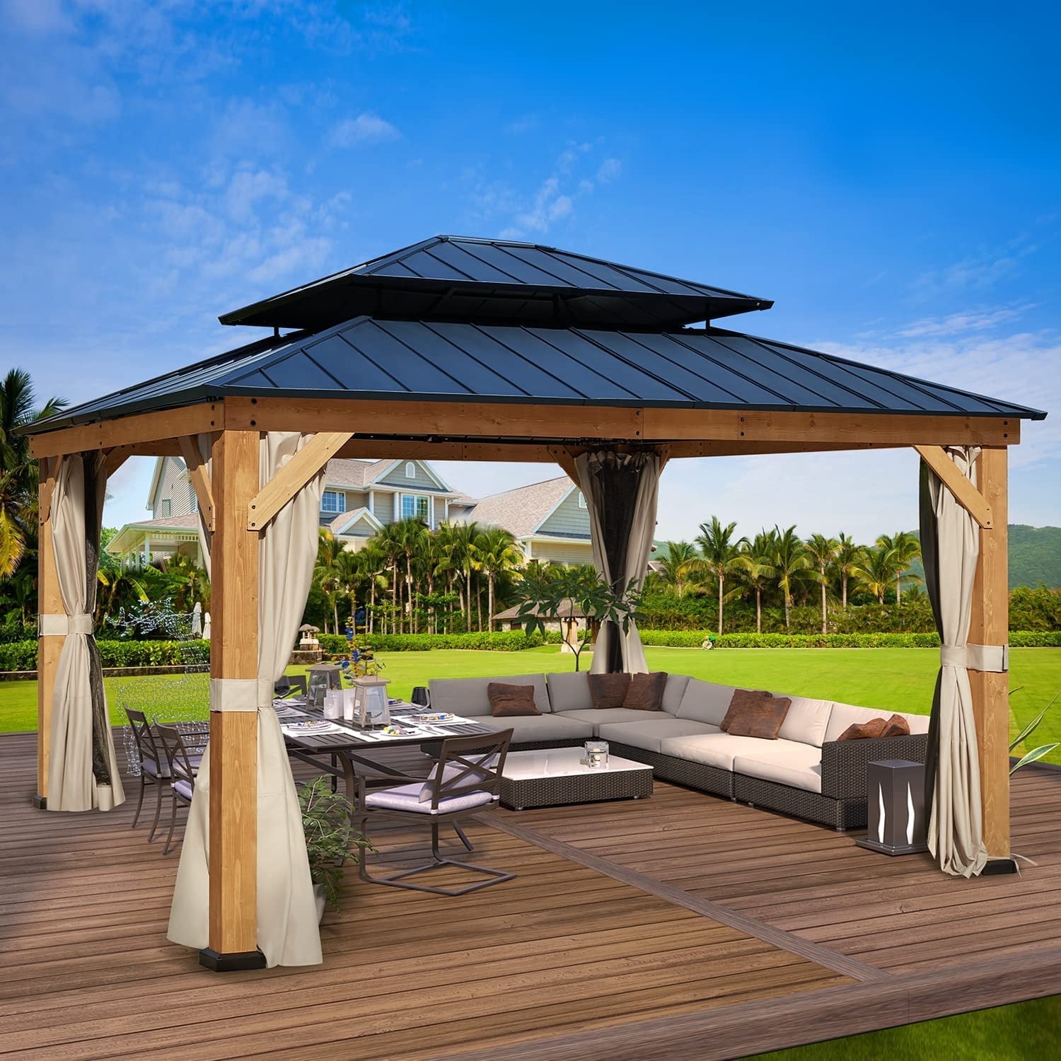 Richryce 13' x 15' Cedar Wood Gazebo with Metal Roof and Curtains