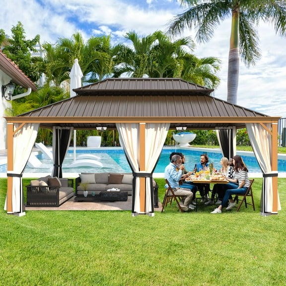 Hommow 14' x 20' Hardtop Gazebo, Wooden Finish Coated Aluminum Frame Gazebo with Double Roof