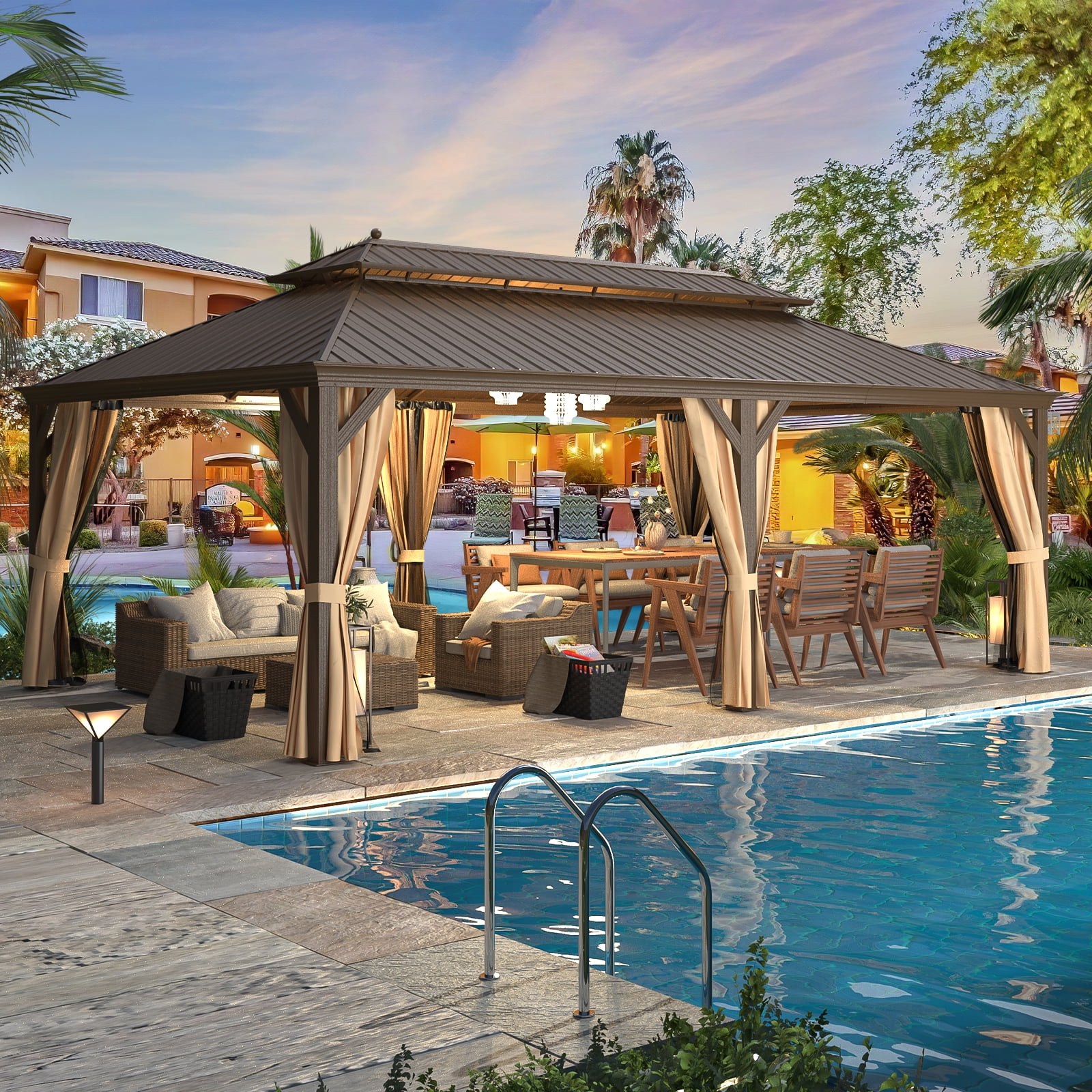 Brown 14' x 22' Aluminum Frame Gazebo with Galvanized Steel Roof