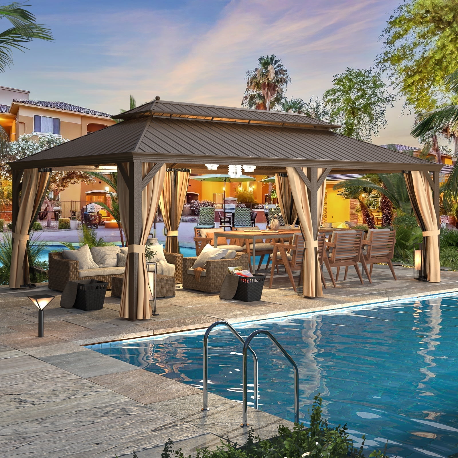 Brown 14' x 22' Aluminum Frame Gazebo with Galvanized Steel Roof