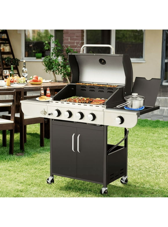 Hommow 4 Burner BBQ Propane Gas Grill,36000 BTU Stainless Steel with Stove and Side Table
