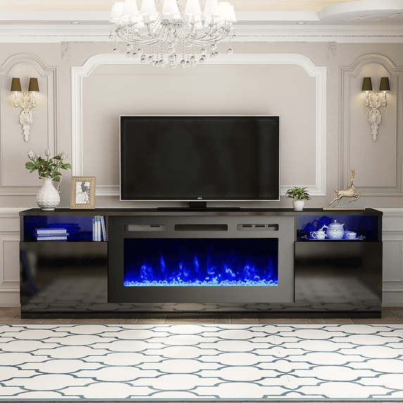 Hommow 70'' Fireplace TV Stand with 36'' Electric Fireplace, Entertainment Center with 16 Color Led Lights, TV Console for TVs up to 80'' for Living Room, Black