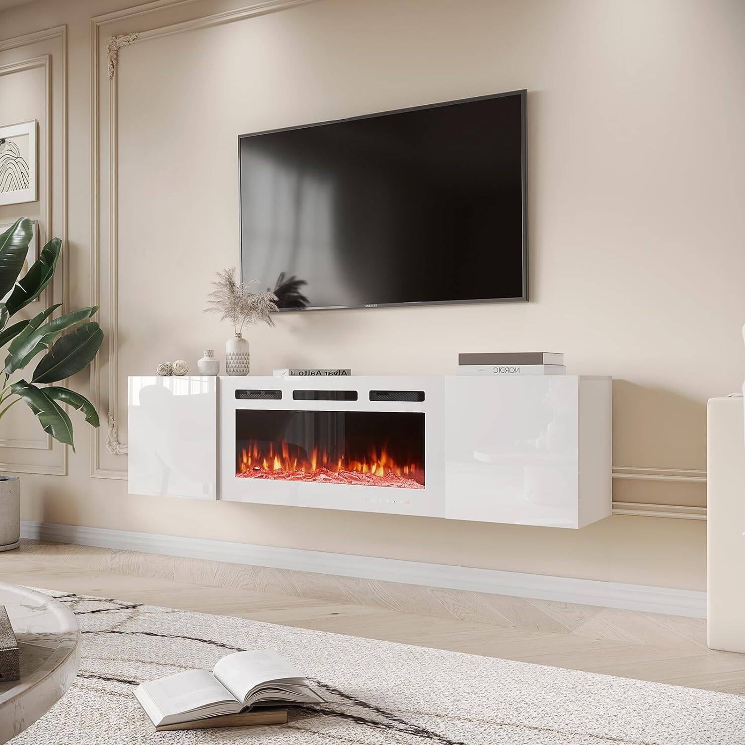 MELLCOM 70'' Floating Fireplace TV Stand with 36'' Electric Fireplace, Entertainment Center with 12 Color Led Lights, TV Console for TVs up to 80'' for Living Room, White