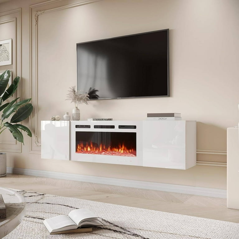 MELLCOM 70 Floating Fireplace TV Stand with 36 Electric Fireplace Entertainment Center with 12 Color Led Lights TV Console for TVs up to 80