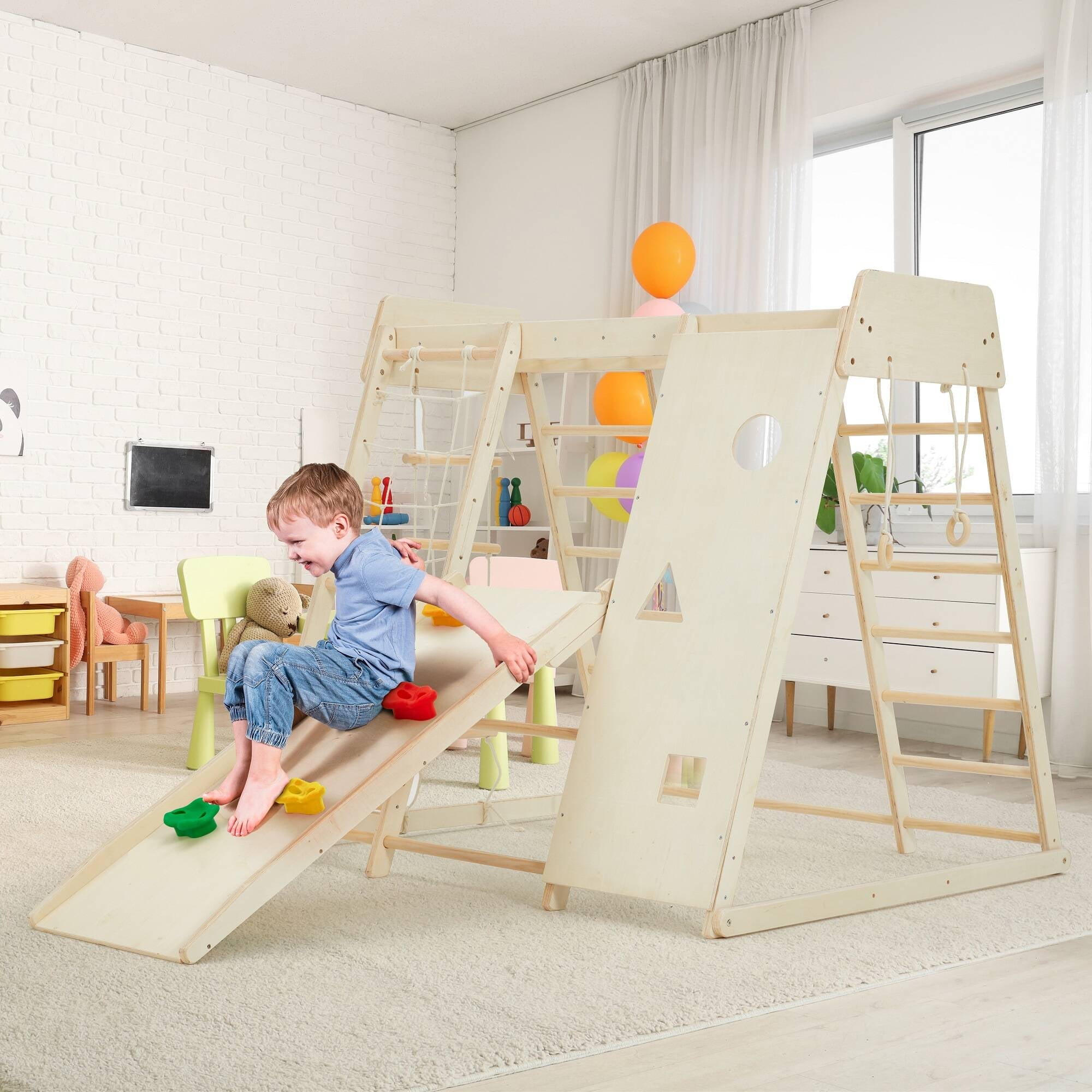 8-in-1 Natural Wood Indoor Playground Jungle Gym with Slide